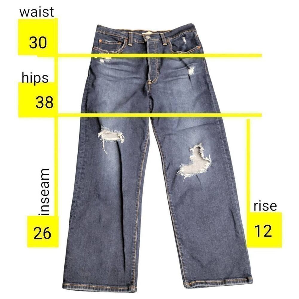 Levi's Ribcage Straight Ankle Buttonfly Ripped Torn Distressed Denim Blue Jeans - Picture 11 of 12